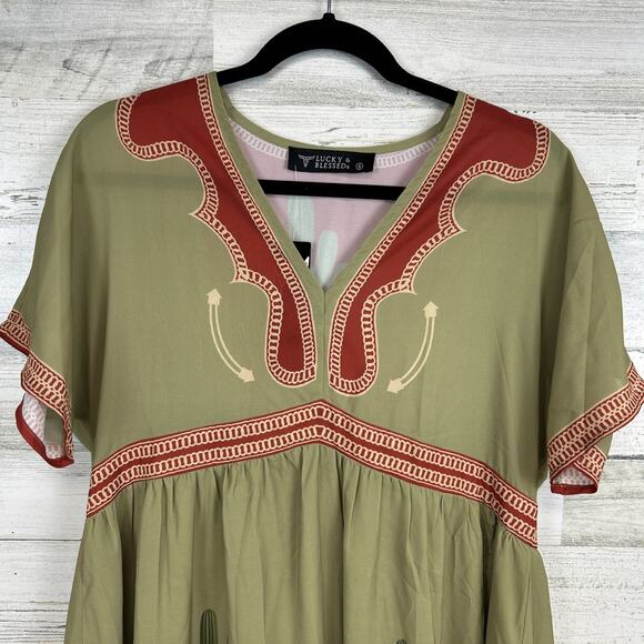 Lucky & Blessed Women's Sage Green Cactus Sunset Print Maxi Dress Size Small - Picture 3 of 12